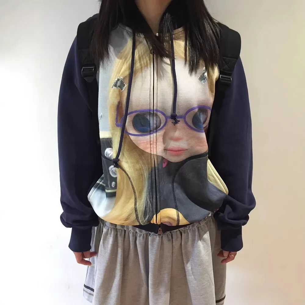 Coyseio26 Autumn Dongdaemun Doll Digital Print Oversized Hooded Open Cardigan Sweatshirt Jacket Women's Casual Fashion