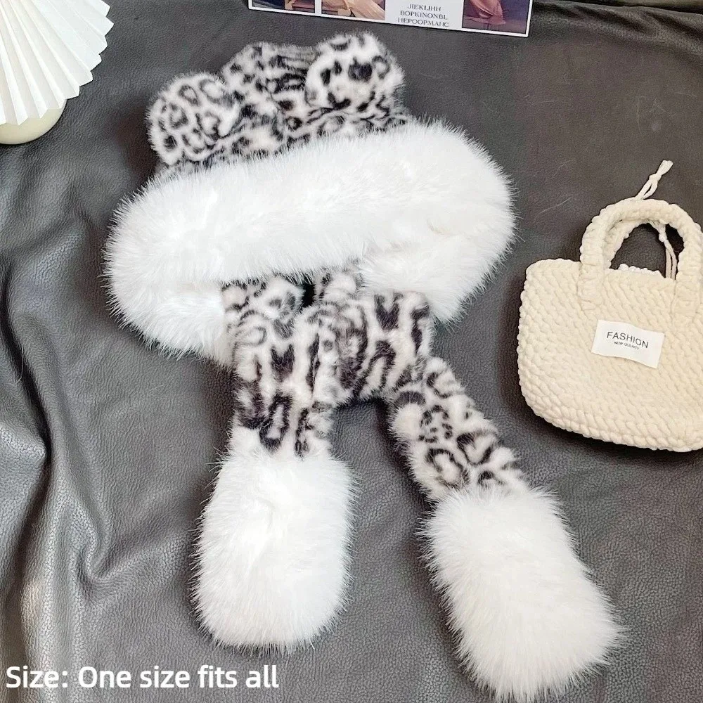 لطيف 2 في 1 ليوبارد طباعة مقنعين وشاح الدفء سدادات حماية الأذن الشتاء قبعة وشاح فو الفراء سميكة وشاح الخريف الشتاء