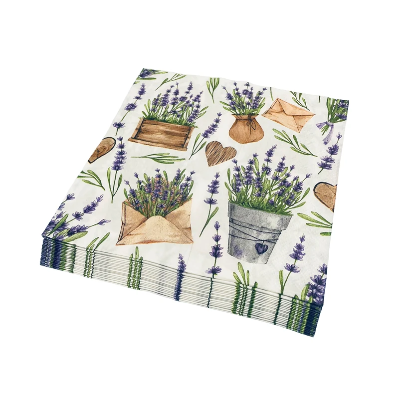 20pcs/Pack of 2 Layers soft  square vintage flowers Cocktail Tissue Lavender print Disposable Party Decorations Colorful Napkins