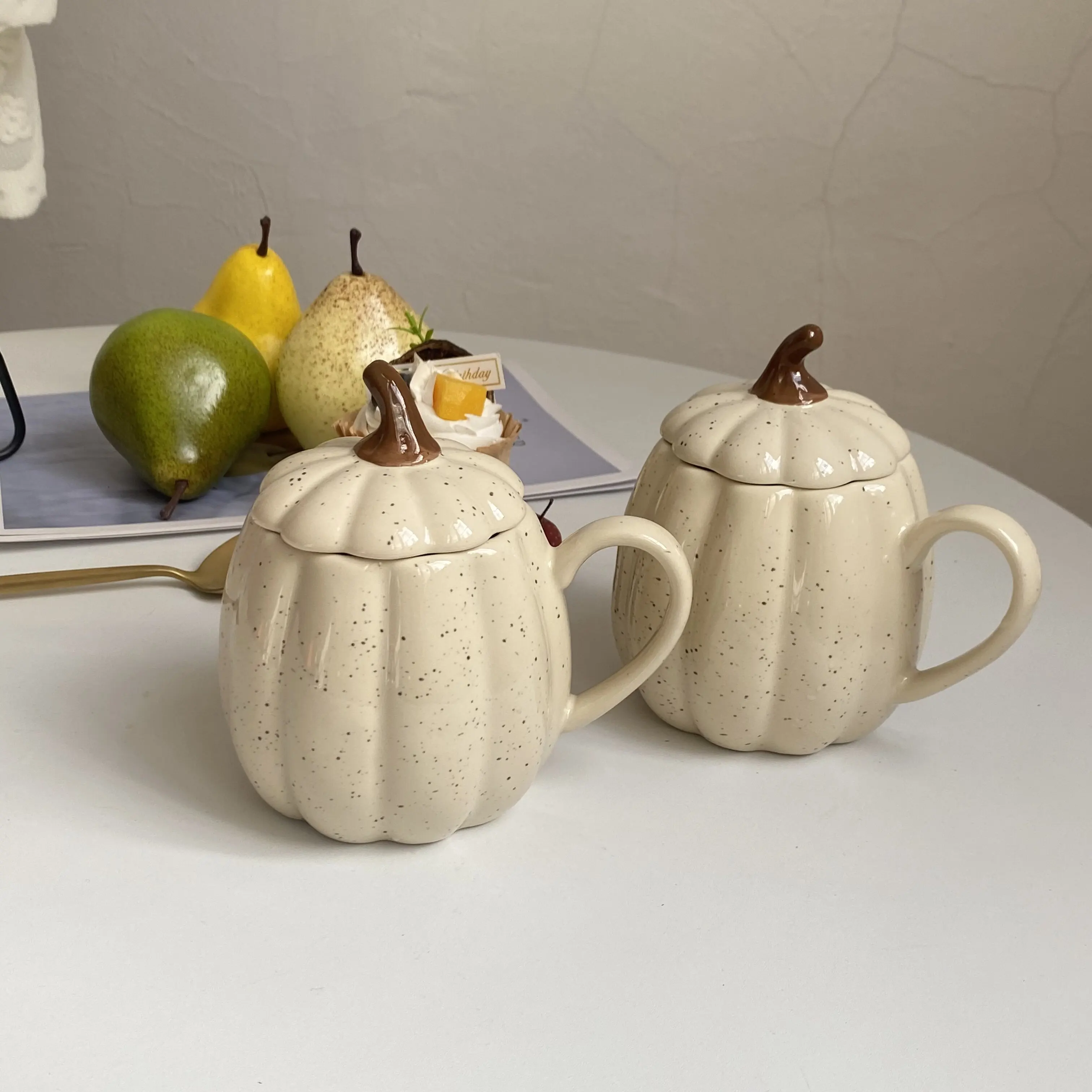 400ml Sesame Glazed Ceramic Water Mug with Covered Creative Pumpkin Shaped Household Mug and Lid Milk Cup High Beauty - view 2