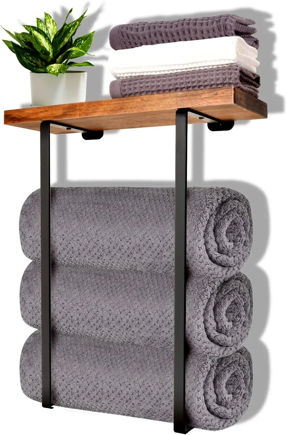 URluna Wall Mounted Bathroom Towel Rack, Metal Towel Holder with Wooden Top for Rolled Towels, Stylish Bathroom Storage Organise