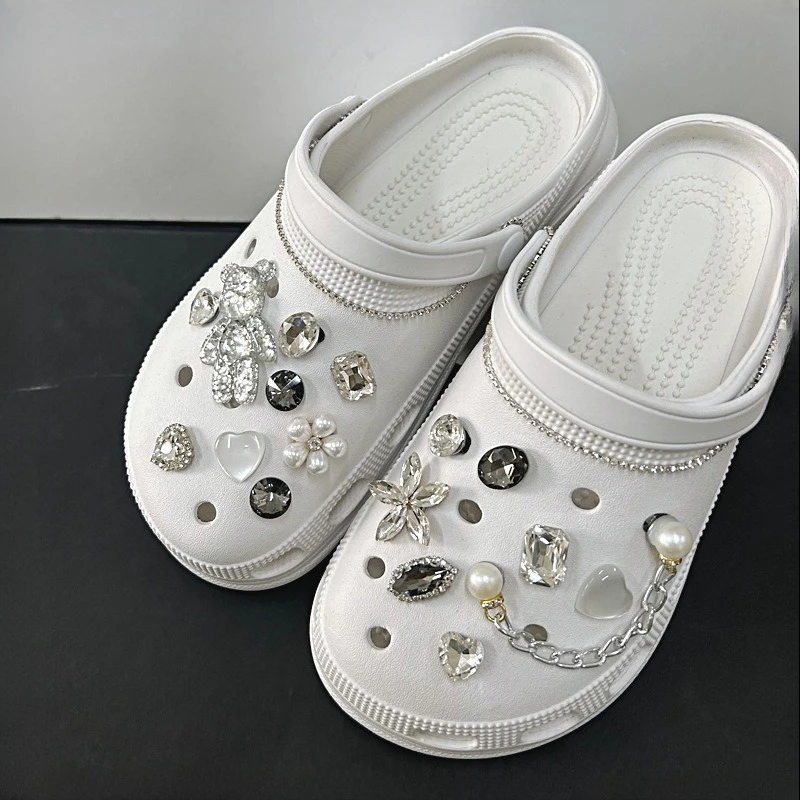 19PCS Fashion Shoe Charms Set Accessories Hole Shoe Buckle Shiny Bear Diamond Pearl Silver Chain DIY 3D Shoes Decorations image 4