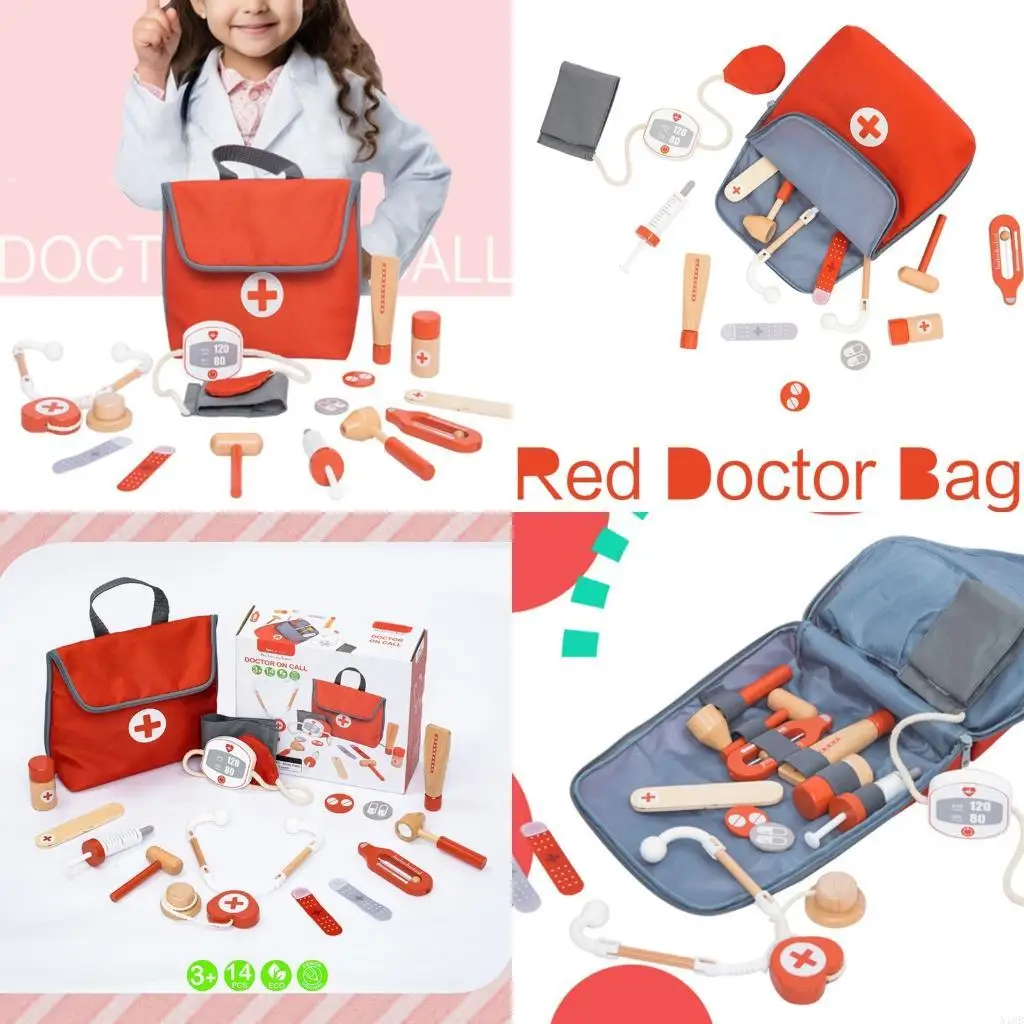 Bác sĩ giáo dục giả vờ bộ đồ chơi bằng gỗ cho trẻ đóng vai