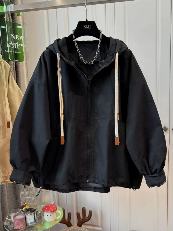Large Size 300 Pounds Spring Autumn New Retro Drawstring Zipper Hooded Jacket Men Women Couples Casual Ins Style Windproof