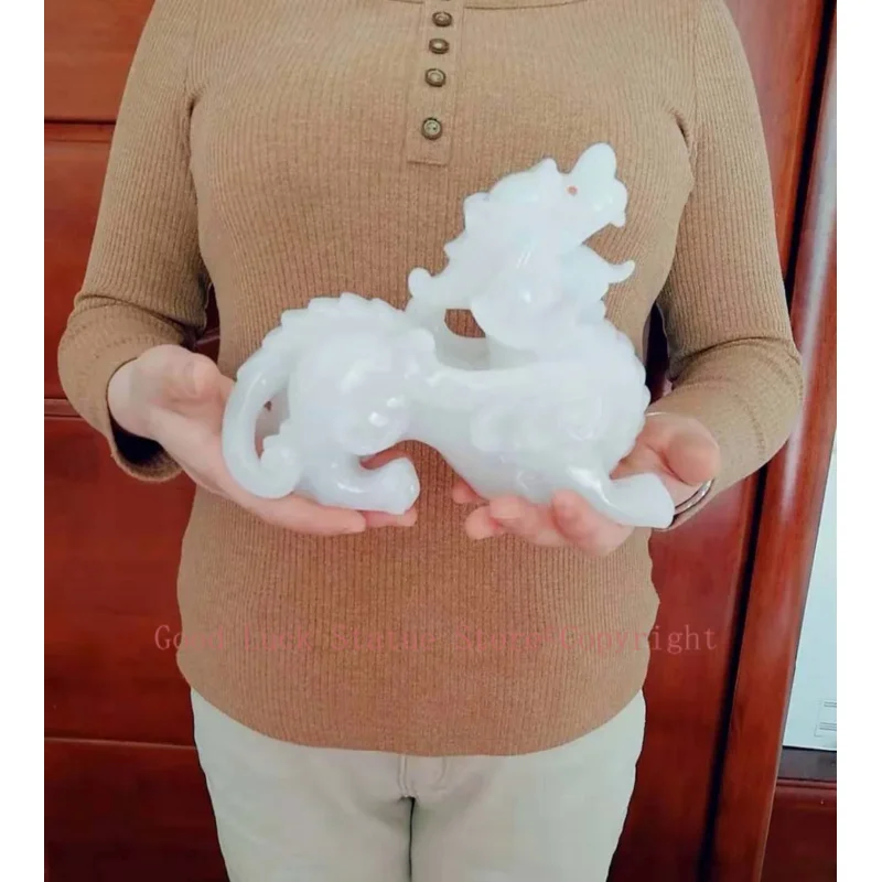 GOOD LUCK PI XIU home office business Shop FENG SHUI Talisman Money Drawing dragon PI XIU white jade Sculpture ART statue