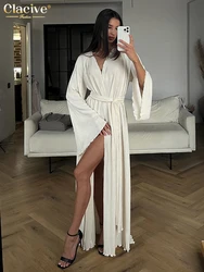 Clacive Fashion Loose White Pleated Women Dress Casual V-Neck Long Sleeve Ankle Length Dresses Elegant Lace-Up Slit Female Dress