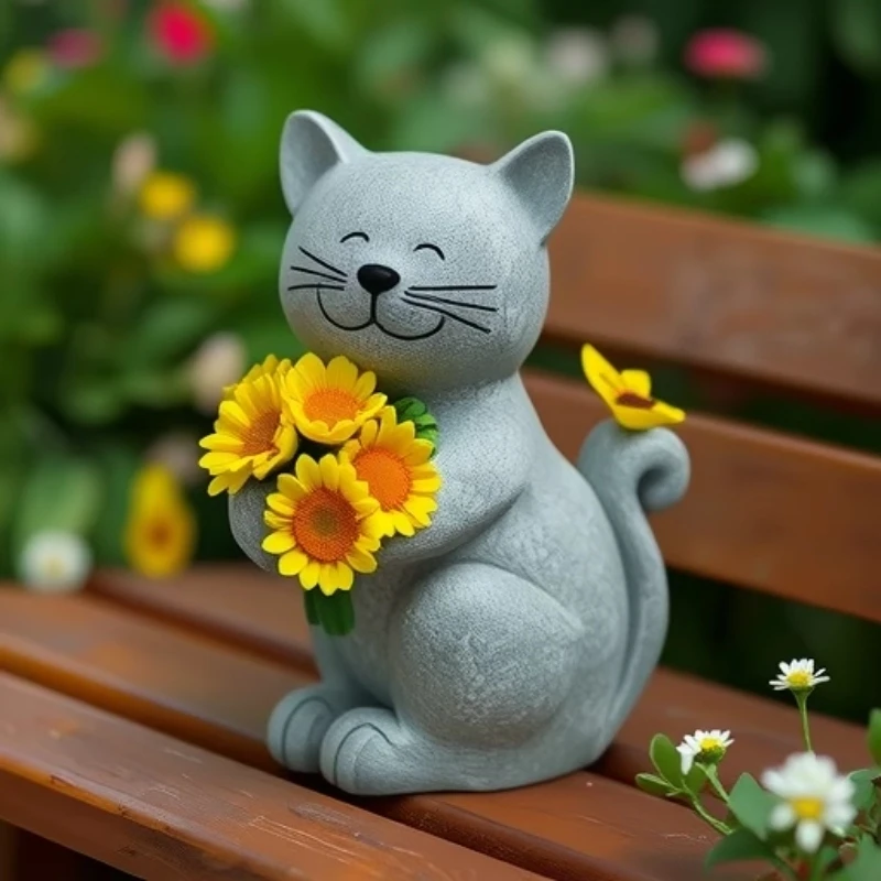 

New solar-powered garden statue with a cat holding a sunflower, illuminated garden lawn decoration, and a housewarming gift