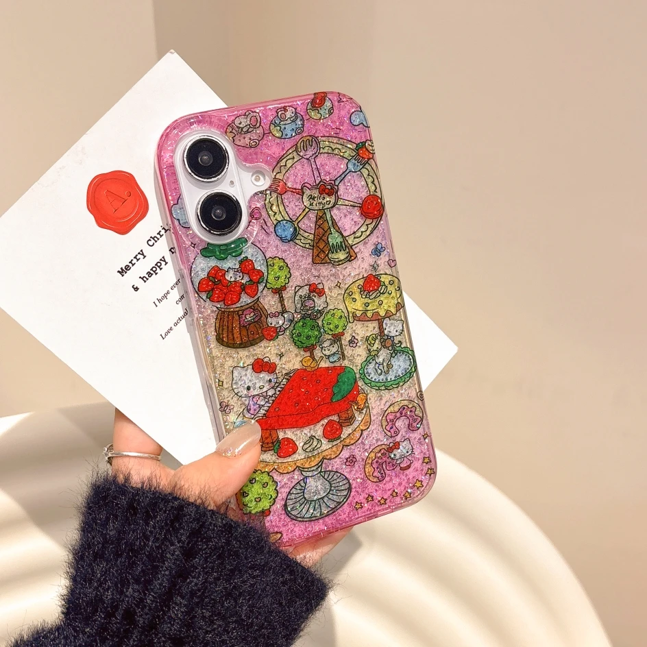 Glitter Bling Color Shockproof Phone Shell For iPhone 16 15 14 Pro Max Sanrio Hello Kitty Case Silicone Soft Acrylic Back Cover