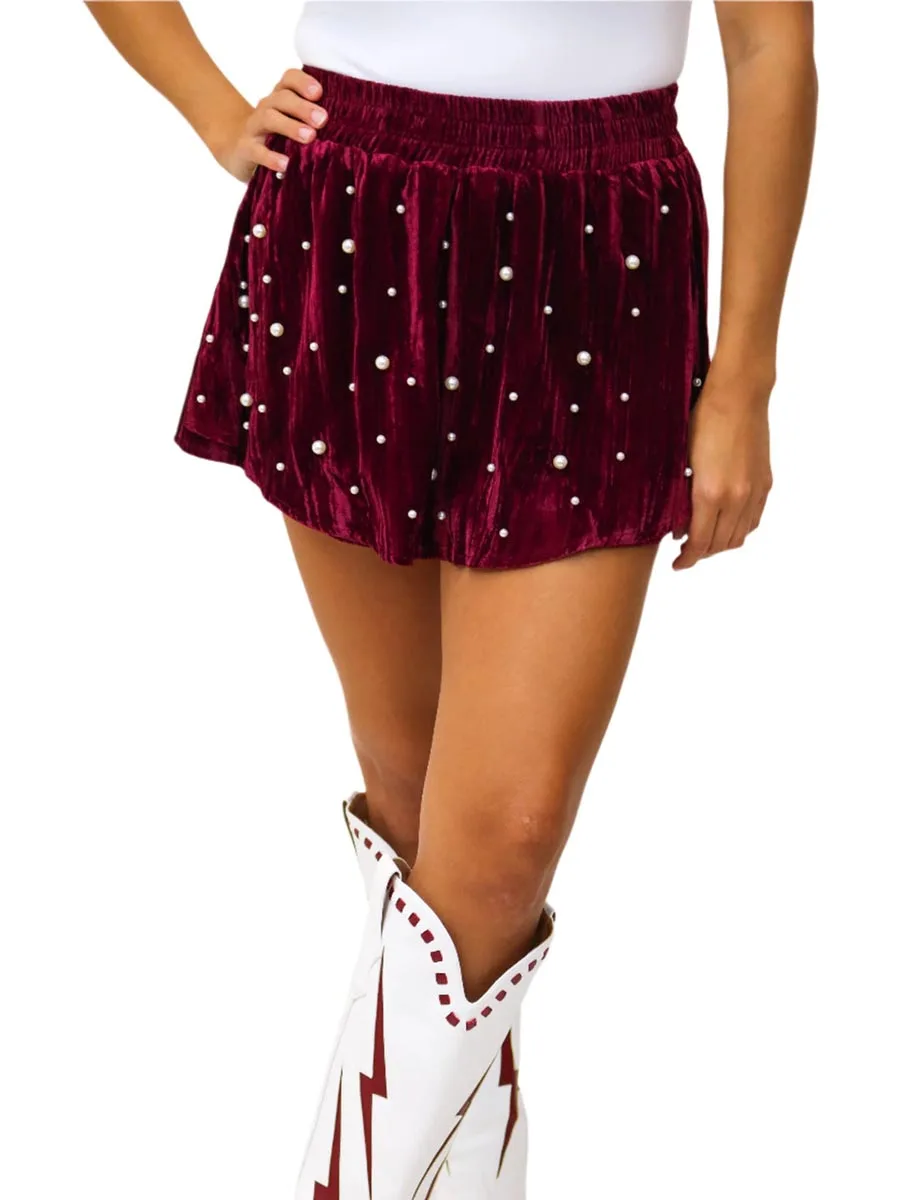 Women’s Velvet Skorts Elastic High Waist Pearl Studded Skirt Shorts Christmas Party Shorts