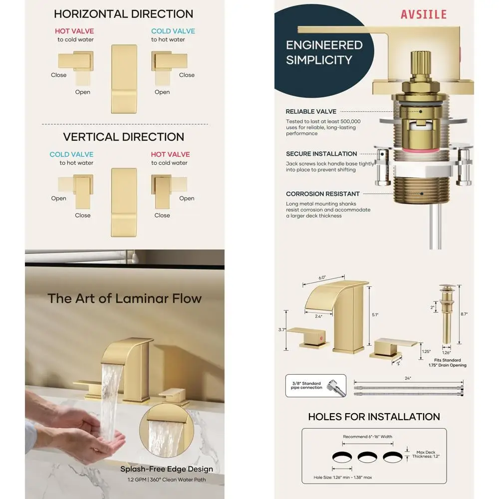 

8 Widespread Brushed Gold 3-Hole Modern Bathroom Sink Faucet Set, Touch-Activated Lavatory with Curved Spout for Vanity and RV R