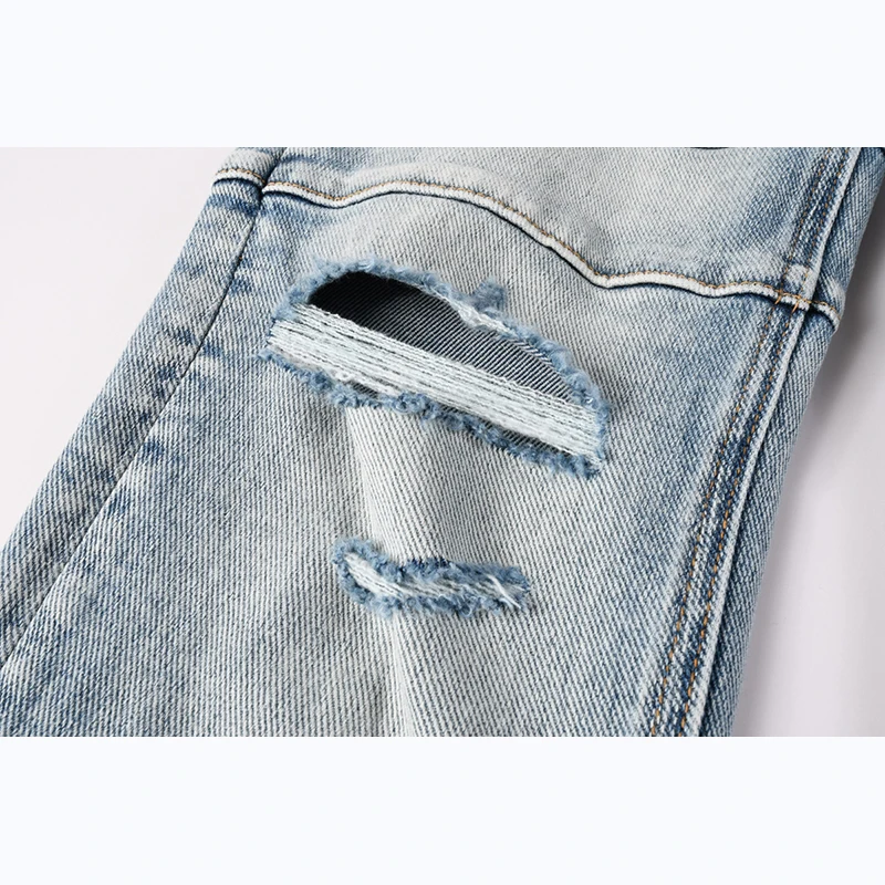 بنطال جينز رجالي High Street Distressed Light Indigo Stretch نحيف بأزرار ممزقة #5
