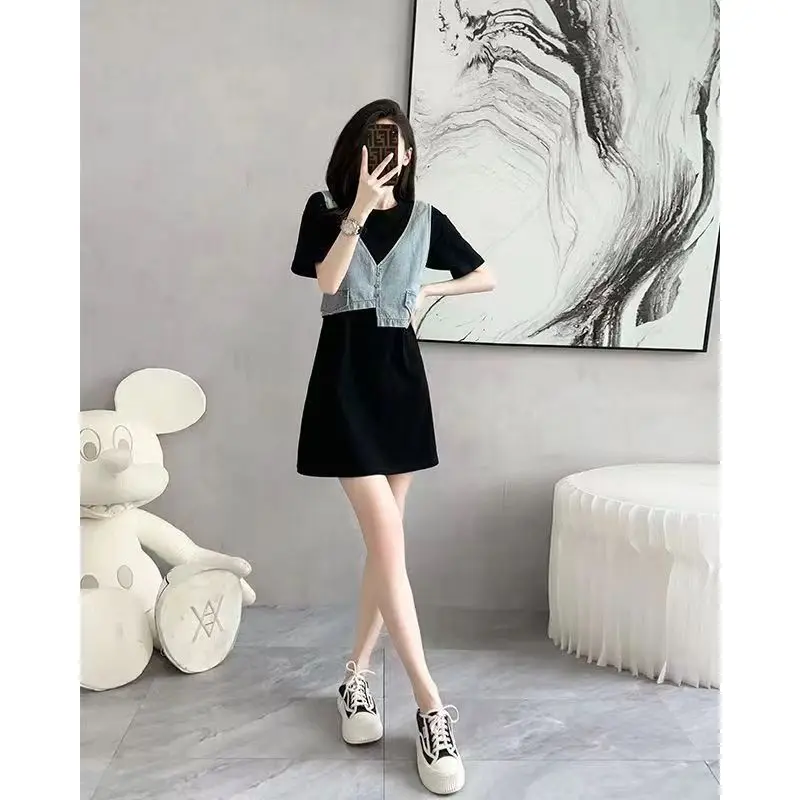 High-End-Ele Denim Patchwork Dr Damen A-Linie Sommer Abnehmen Hohe Taille Polyesterfaser Mid-Slee Hoher Kragen