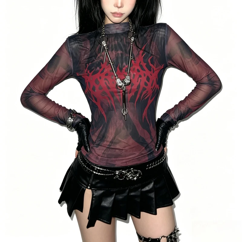 Women's Y2K Gothic Mesh Long Sleeve Top, Sheer Grunge Print T-Shirt, Punk Rock Streetwear