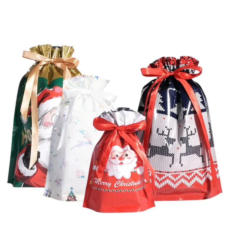 10PCS Christmas Party Gift Bag Plastic Drawstring Gift Bag Santa Printed Candy Wrapping Bag Holiday Gathering Favor Storage