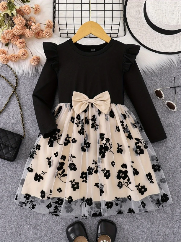Spring Autumn Infant Toddler Girls round Neck Fly Sleeve Splice Flower Print Tulle Casual Dress for Baby Girls