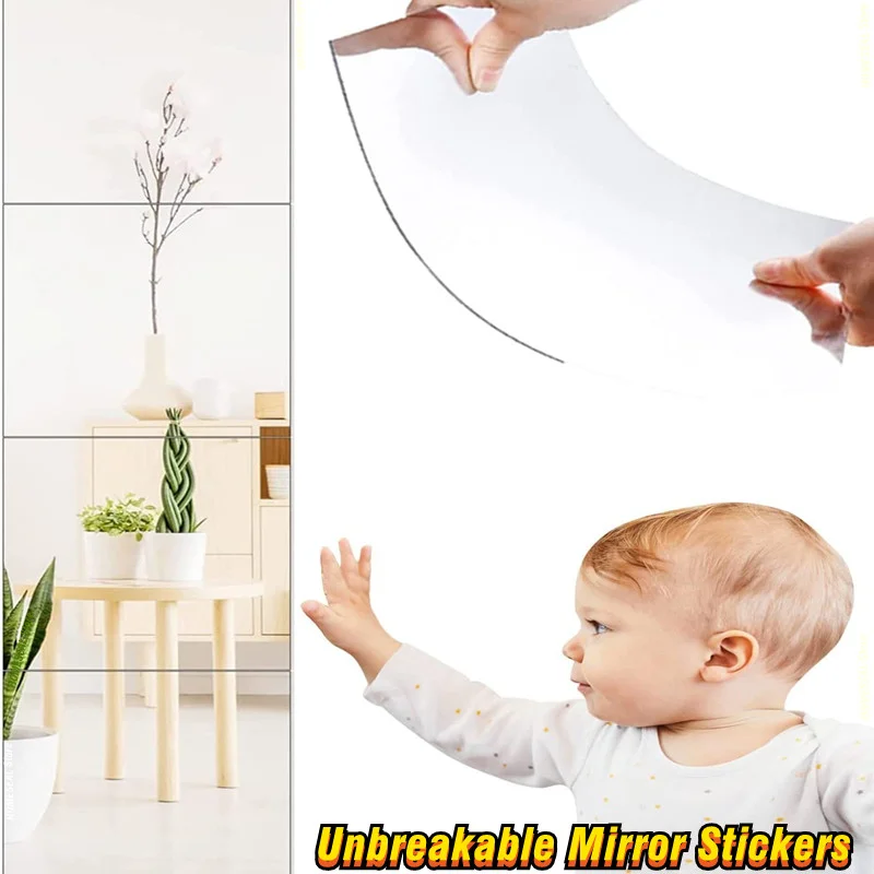 HD Self Adhesive Acrylic Mirror Tiles DIY Flexible Non Glass Safety Mirror Sheets Wall Stickers 2MM Thick Shatterproof Anti Fog