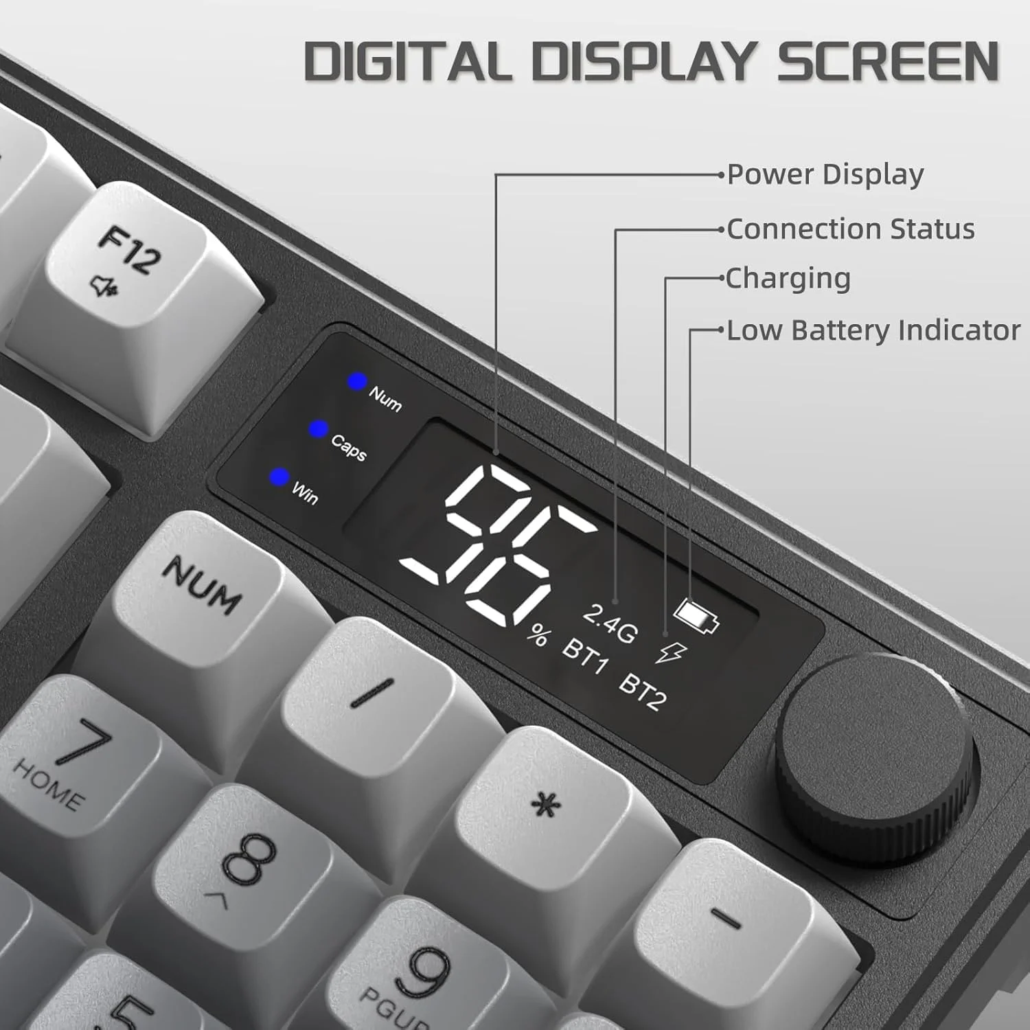لوحة مفاتيح الألعاب اللاسلكية M96 غشاء كريمي مع إضاءة خلفية قوس قزح، مقبض الوسائط، شاشة LCD، وضع مزدوج بلوتوث/2.4 جيجا هرتز، شكل كروي