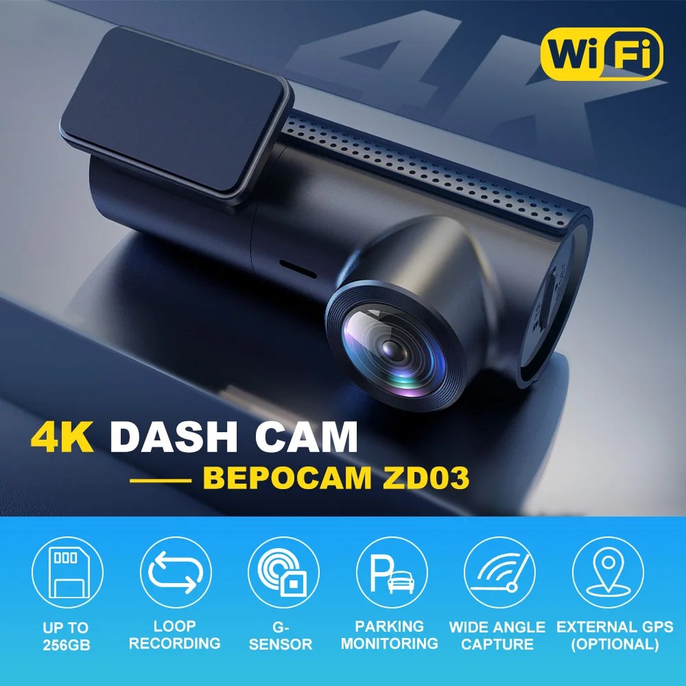 BEPOCAM ZD03 4K Dash Cam for Cars Camera DVR Built-In Wi-Fi & APP Control WDR Night Vision 24H Parking Monitor With 32G SD Card