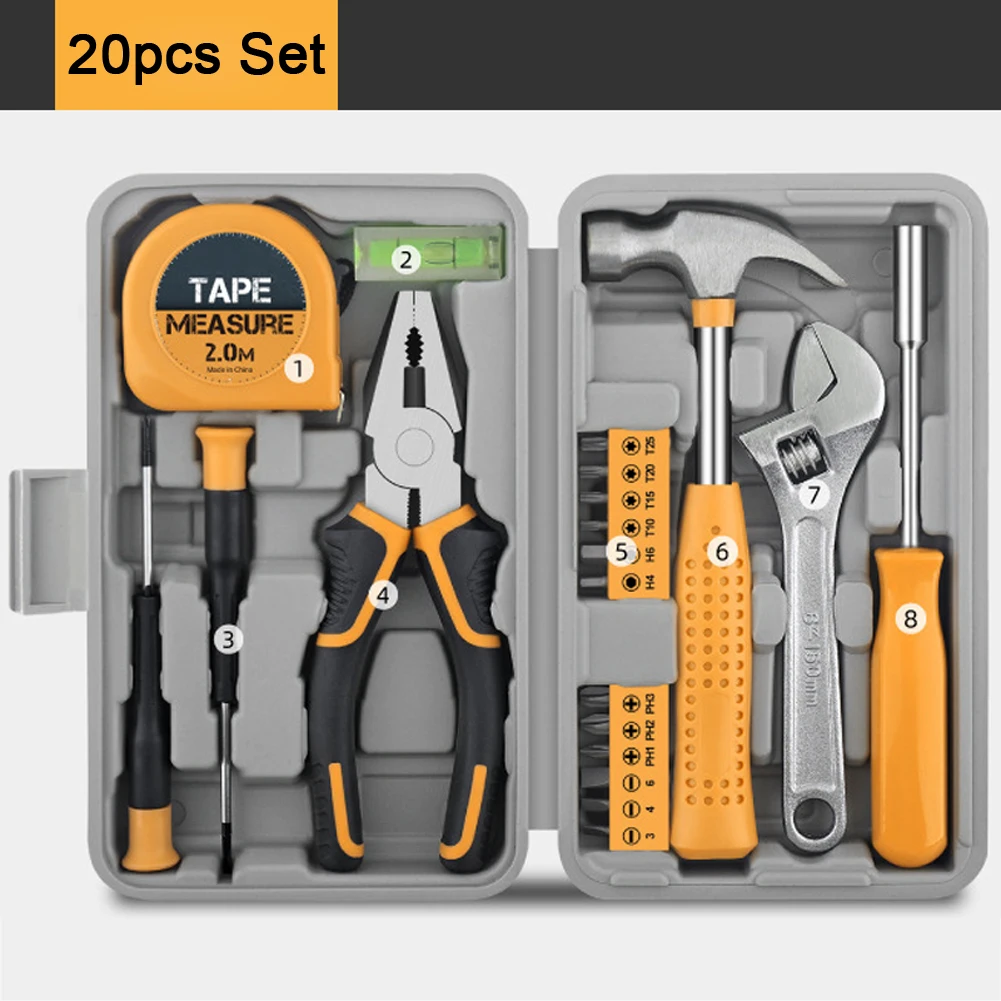 Kit de herramientas de reparación para el hogar multifuncional con alicates, llave, martillo, destornillador, cinta con caja de herramientas portátil para el hogar y la Oficina