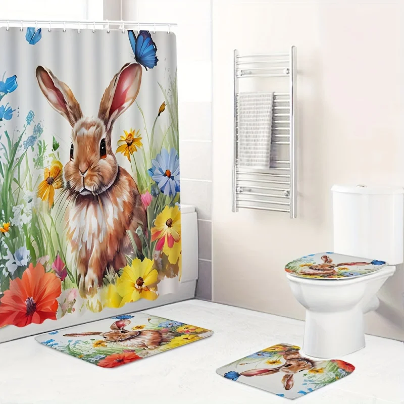 1pc Easter Flower Bunny Print Bath Mat, Anti-fatigue Absorbent Pad, Non-Slip U-Shapped Contour Rug, Fashionable Textured Curtain