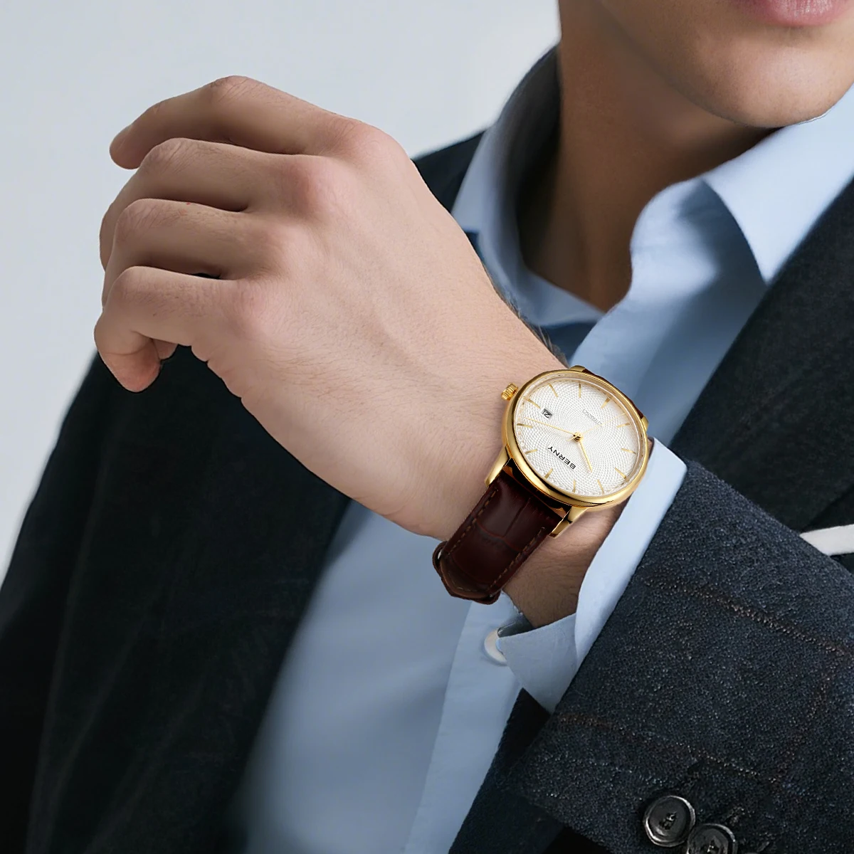 BERNY Automatikuhren für Herren, luxuriöse klassische mechanische Herrenuhr, gewölbtes Glas, Kalender, elegante, schlanke Armbanduhr – Detail 17