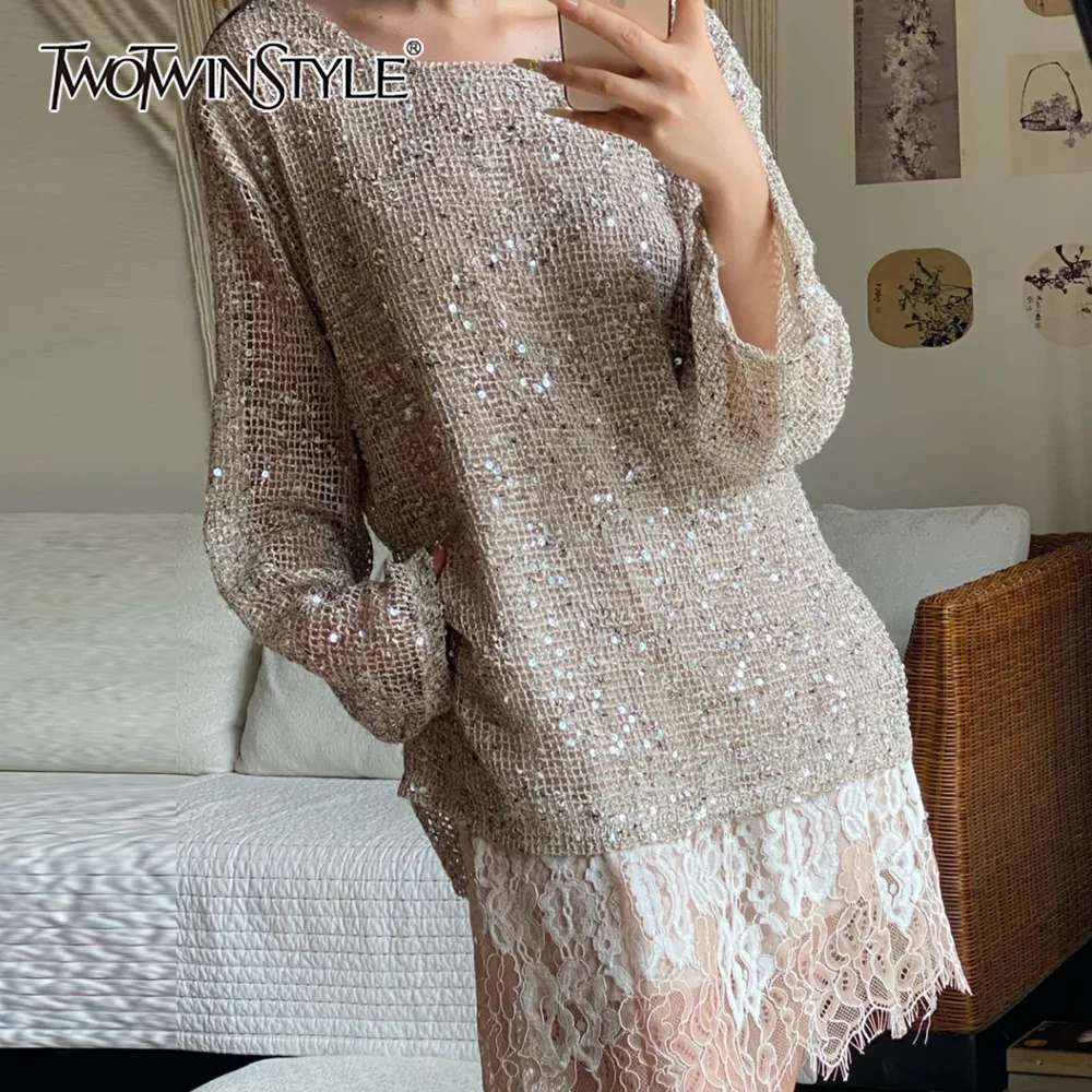 TWOTWINSTYLE Hit Color Spliced Hollow Out Two Piece Set Female O Neck Long Sleeve Shirt Loose Women's Skirt Set Autumn Fashion
