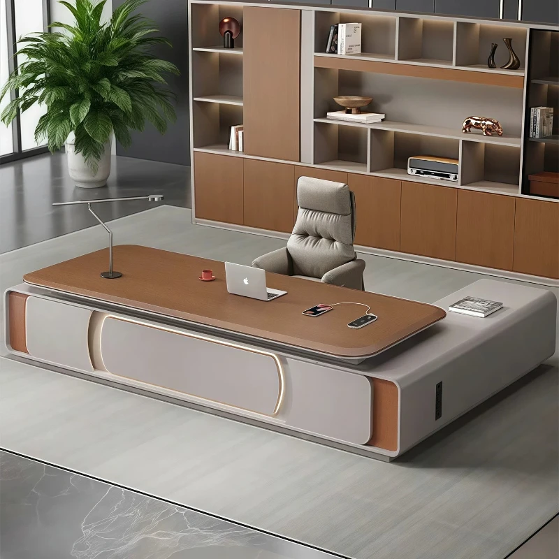 T*-Premium Modern Executive Desk with Built-in LED Light and Power Strip, Stylish Manager Workstation*-