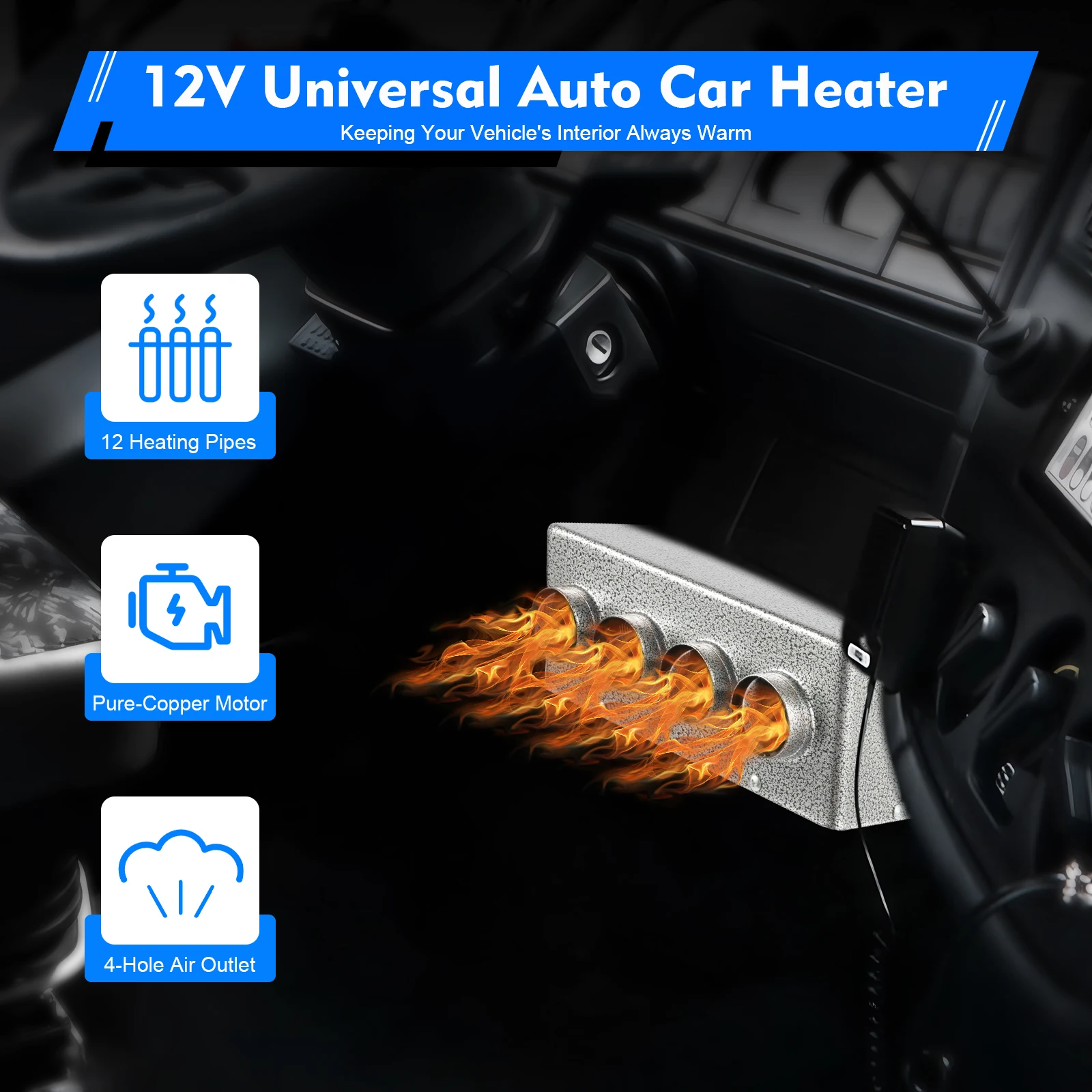 12V Universal Auto Car Heater Fast Heating Stepless Adjustment Copper Core Defog Defrost Warmer for Car Truck RV Boat Excavator