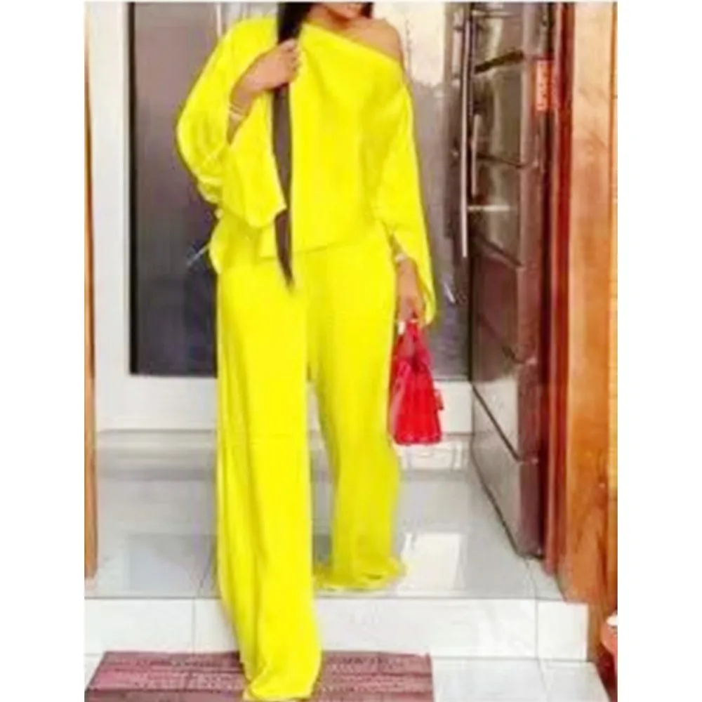 Spring Summer New Seven Point Sleeve Shirt Women Fashion Diagonal Shoulder Casual Elegant Wide Leg Trousers Home Wear 2piece Set