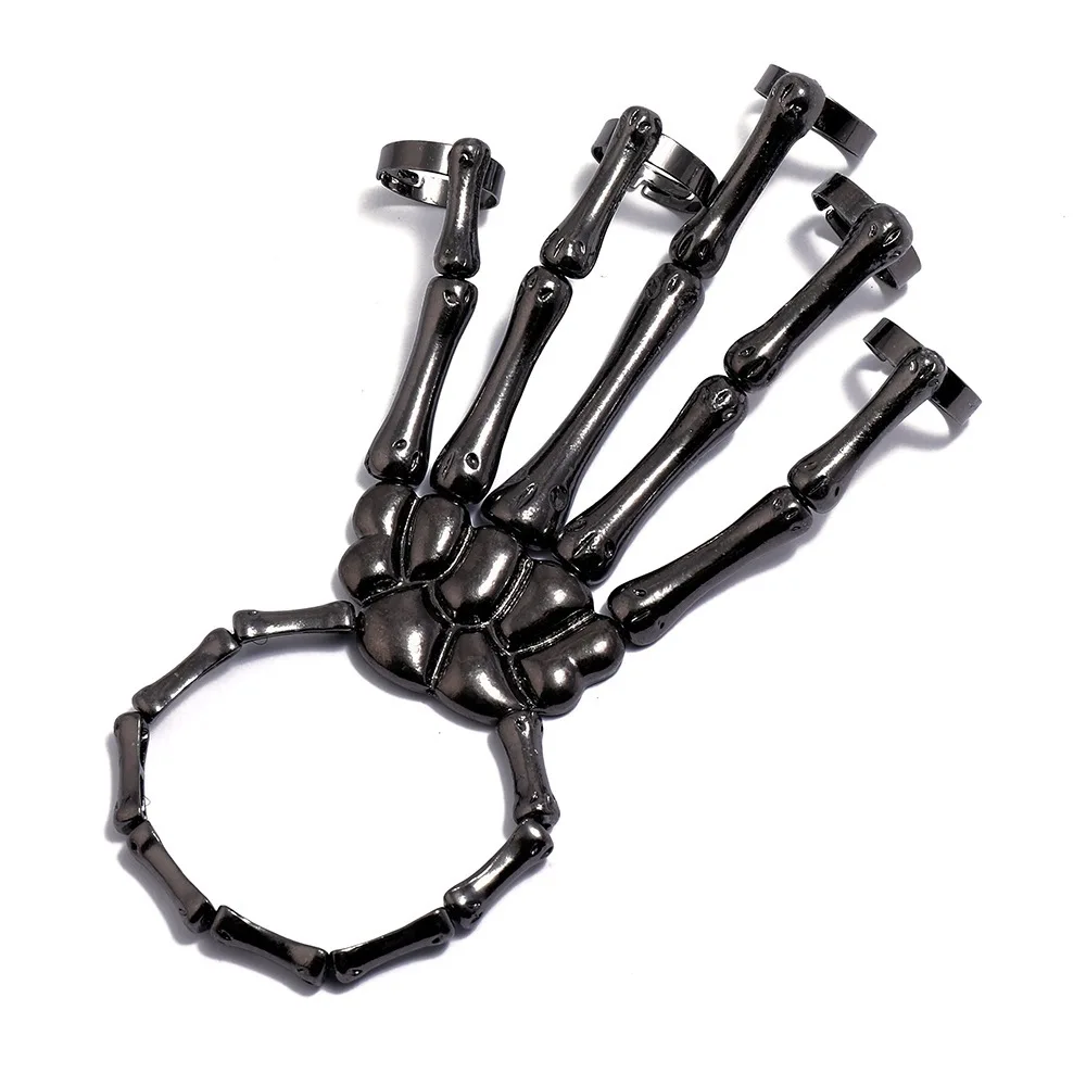 Gothic Punk Skull Hand Bone Multifunctional Five Finger Ring Bracelet Adjustable Single Chain Bracelet Halloween Bracelet Unisex