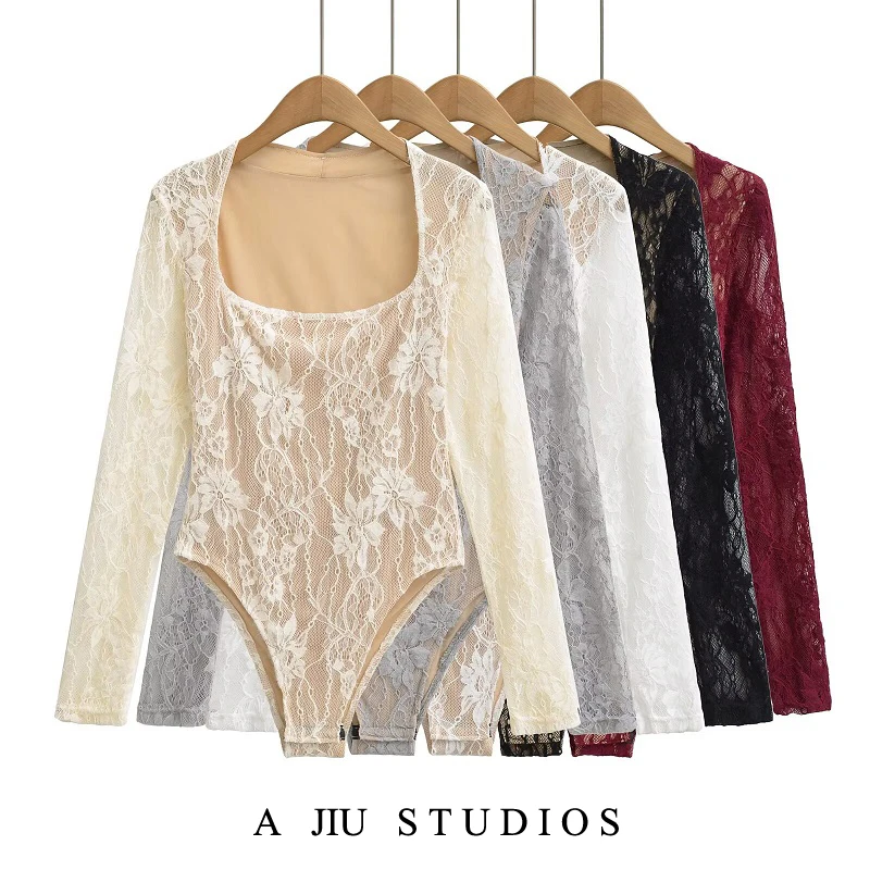 

Spicy Girl Sle Lace Flower Floing Long Sve T-irt Onesie Women's High Waist Slimming Sexy Versatile Top