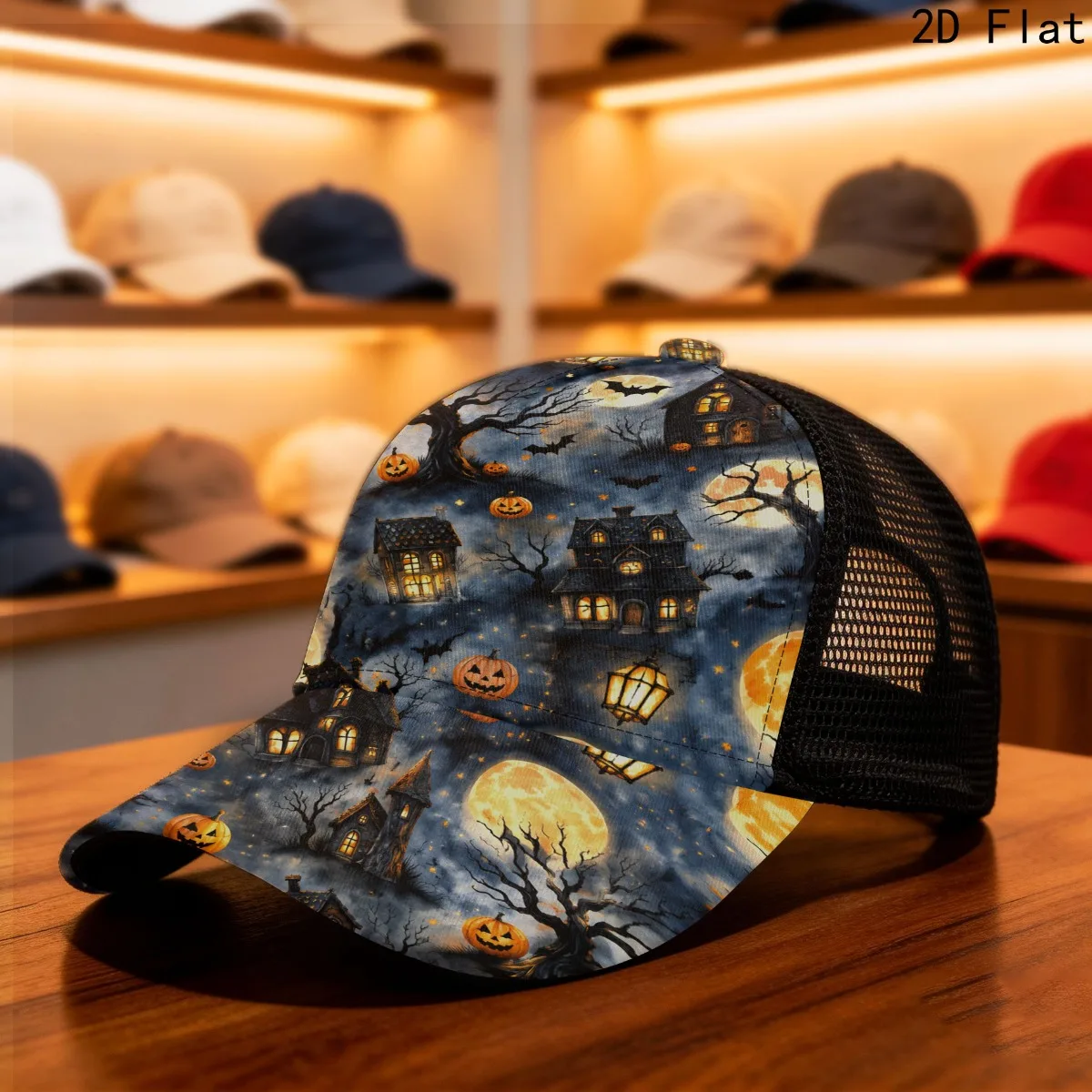 2D Flat Halloween Sporty Mesh Cap Spooky Haunted House and Pumpkin Print, Flexible Breathable Fabric Hand Washable