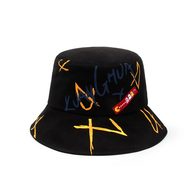 Summer Spring Unisex Outdoor Breathable Shade Graffiti Print Fisherman Cap for Men Women Big Eaves Soft Panama Bucket Hat F83