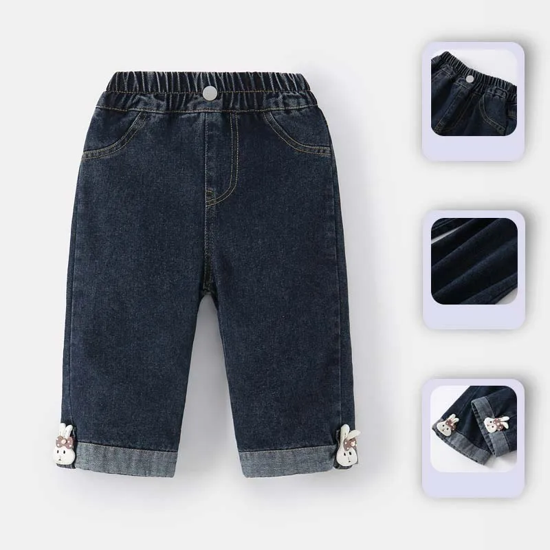 UNITIM 2026 Frühling Kinder Mädchen Jeans Baumwolle Kaninchen 3D Kleinkind Mädchen Denim Hosen Locker Elastischer Bund 1-10 Jahre Mädchen Hosen