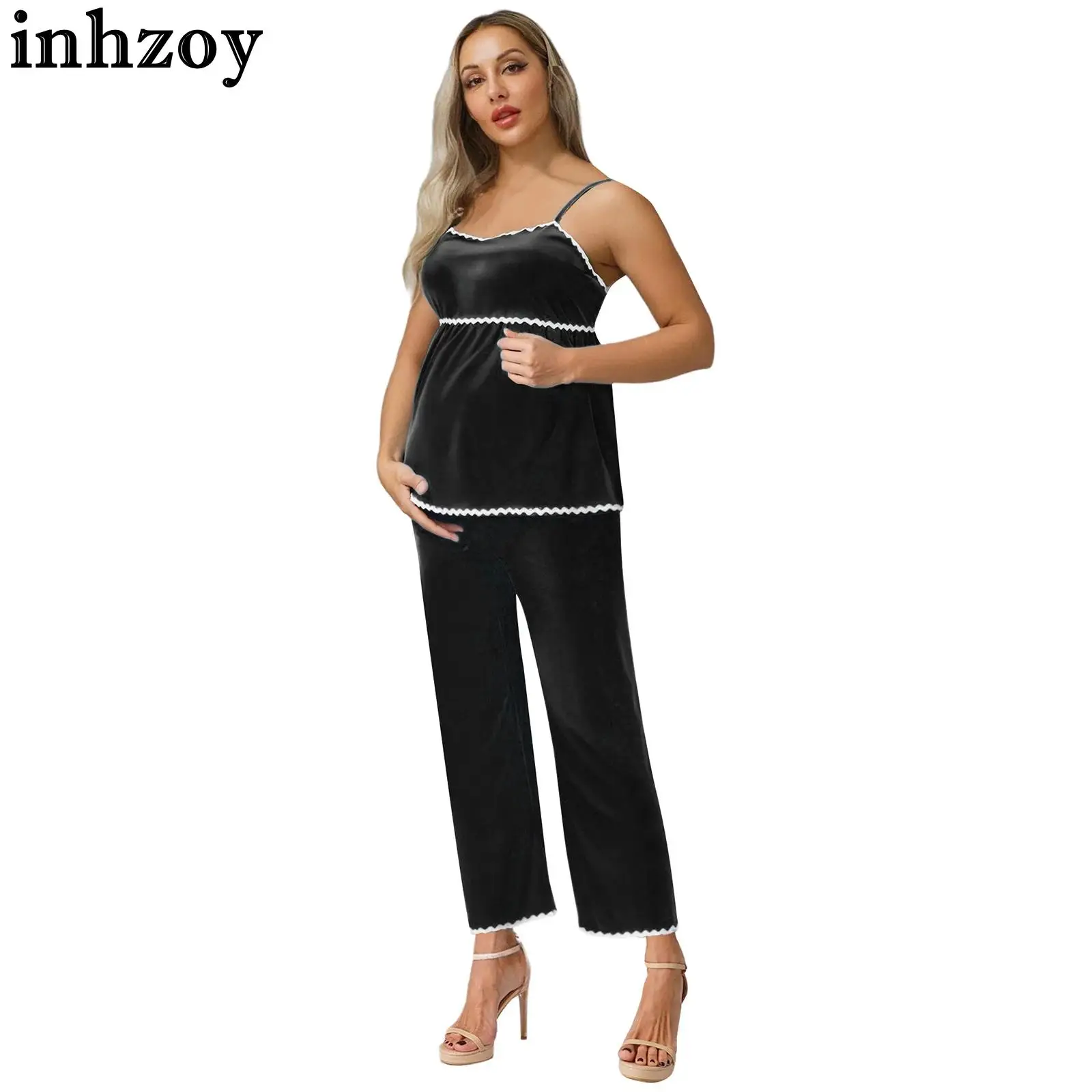 

Pregnant Woman Summer Fashion Casual Bohemian Style Outfit Adjustable Strap Smocking Tops with Wide Leg Pants Daily Party Wear