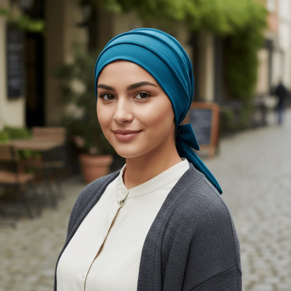 Comfortable Solid Color Headscarf Hat Breathable Stretch Hijab Pre-Tied Long Tail Chemo Hat Islamic Use