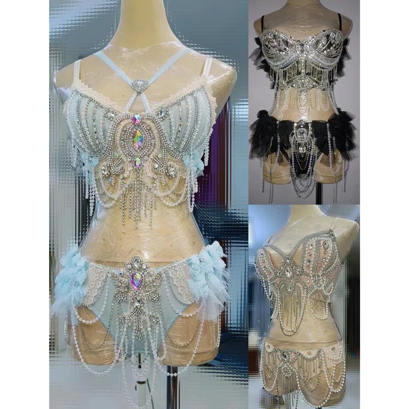 

Sexy Nightclub Adult Pole Dancing Performance Clothes DJ Dancer Bar Club Gogo Costume Beaded Crystal Bikini Festival Rave Outfit