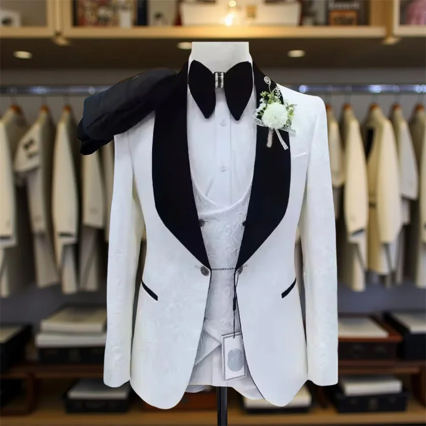 3 Pcs Floral Wedding Suits for Men Slim Fit Groom Tuxedo Jacquard Groomsmen Formal Prom Suit Jacket with Pants Vest 2025