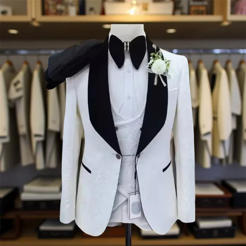 Trajes de boda florales para hombre, chal ajustado con solapa, esmoquin para novio, traje Formal para fiesta de graduación, chaqueta con pantalones, chaleco, 3 uds.