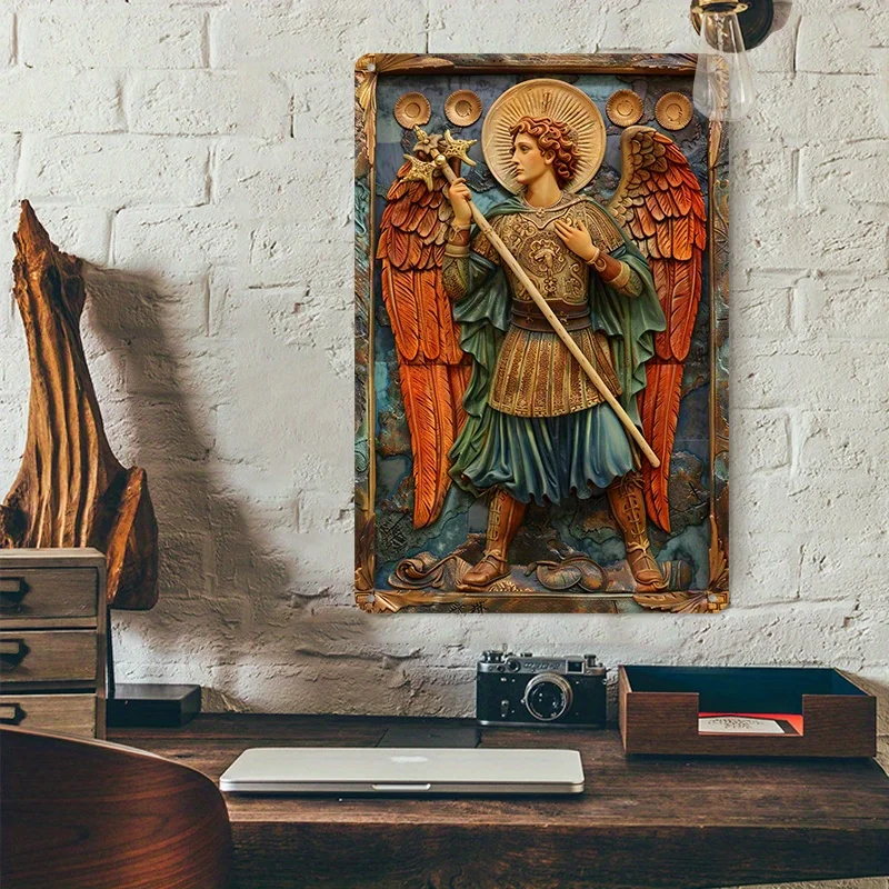 لوحة فنية جدارية من الألومنيوم من Archangel Michael Vintage، لافتة معدنية قديمة للمنزل والمرآب وديكور المقهى والحديقة - هدية مثالية للعطلات