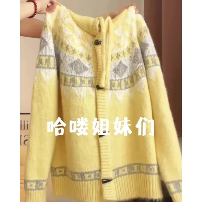 

Свитер с роговой пуговицей Fair Isle в стиле ретро, пальто, женский осенне-зимний вязаный кардиган с капюшоном, свободный топ в ленивом стиле