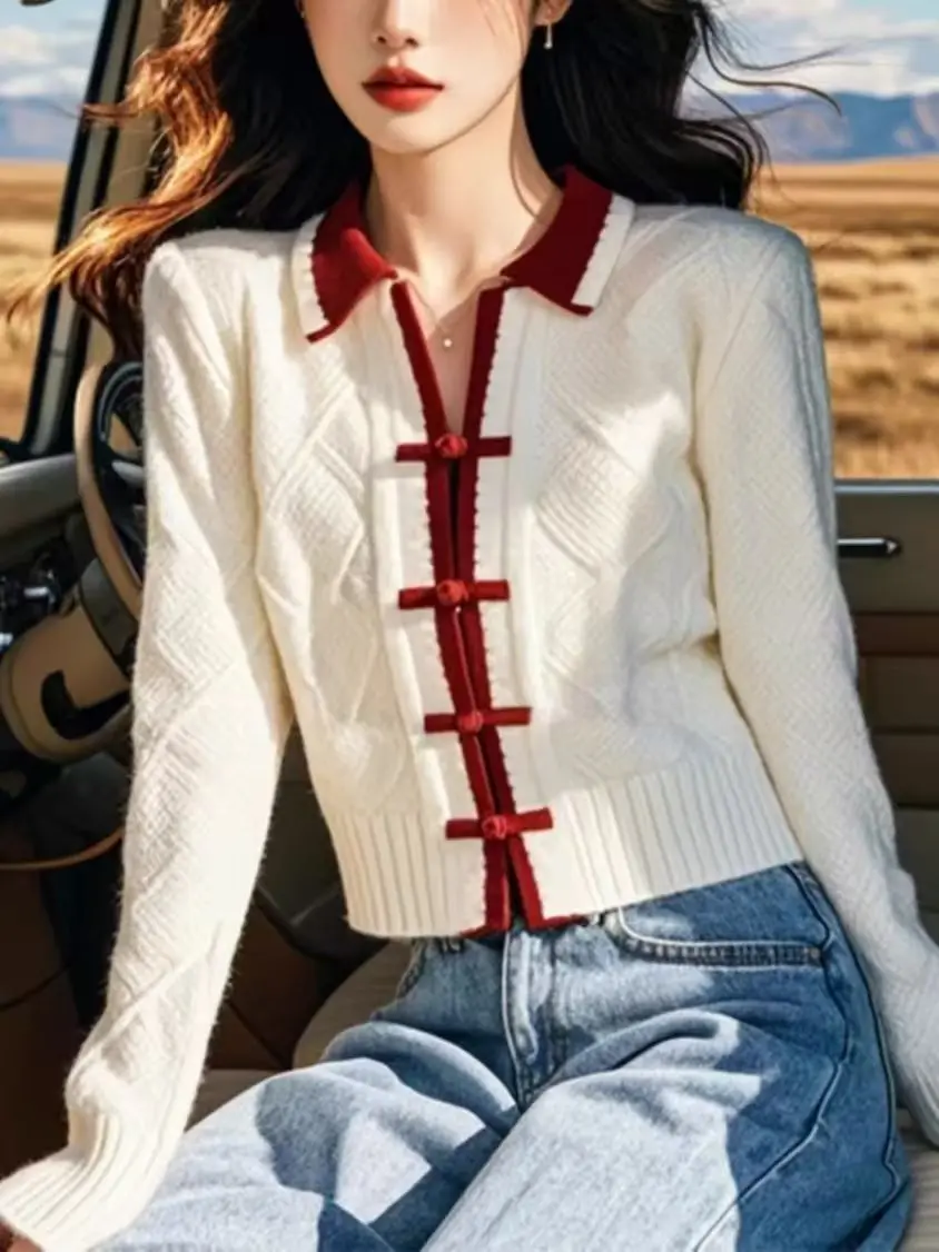 Estilo chinês retalhos camisola de malha cardigan feminino manga longa único breasted senhora do escritório casual camisola malhas 2025 novo