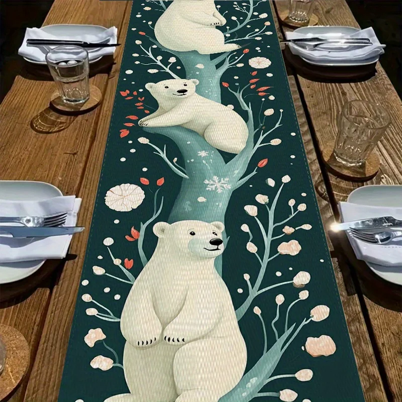 1 Piece of Scandinavian Style Cute Polar Bear Table Flag, Deep Background Painted with Polar Bear Climbing Tree, Flower and Snowflake Pattern, Suitable for Scandinavian Style Home, Kidsren's Room Decoration, Winter Party, Literary Cafe, Handicraft Market, Family Restaurant, Natural Theme Tea Party, B&B Soft Decoration