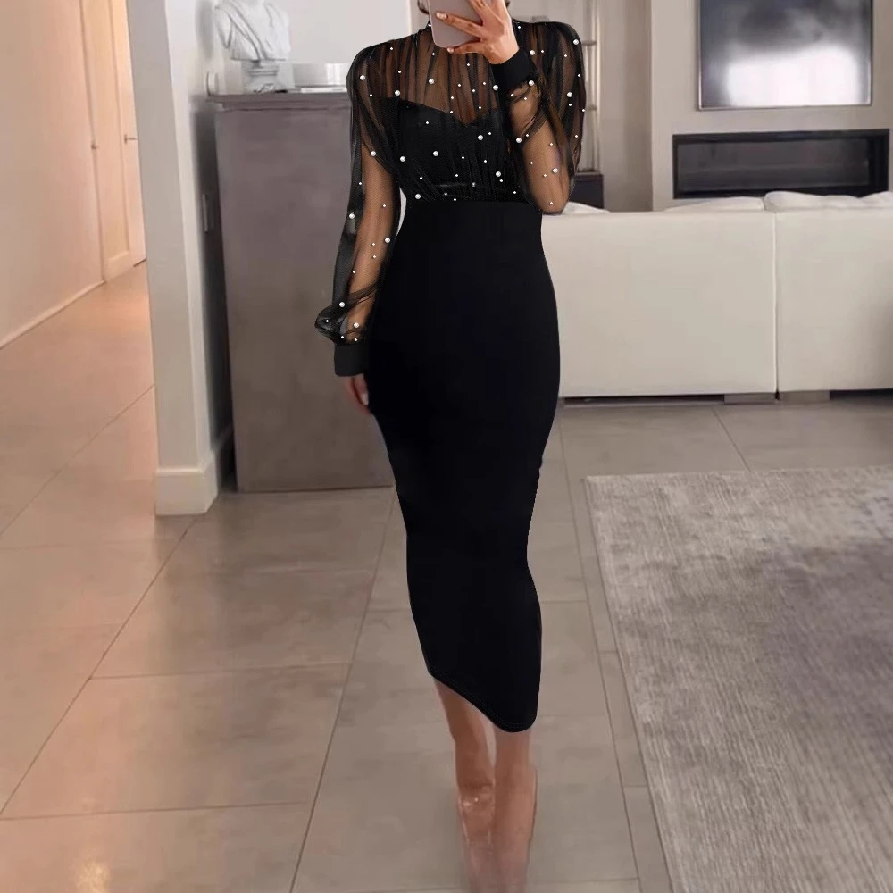 

New Women's Mesh Bead Splicing Long-sleeved Dress