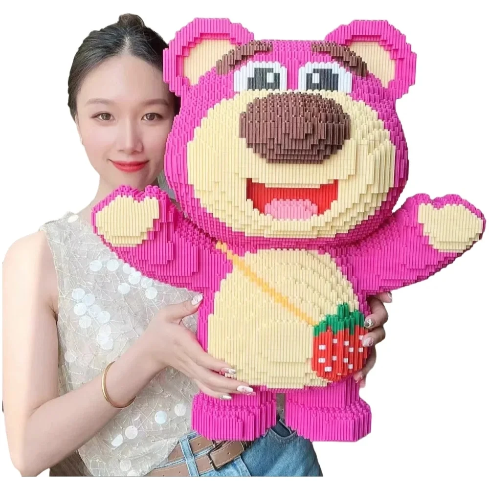 디즈니 초대형 Lotso 블록 장난감, 성인 및 어린이용, 귀여운 애완 동물 곰, 사랑, 딸기, DIY 선물, 45cm 