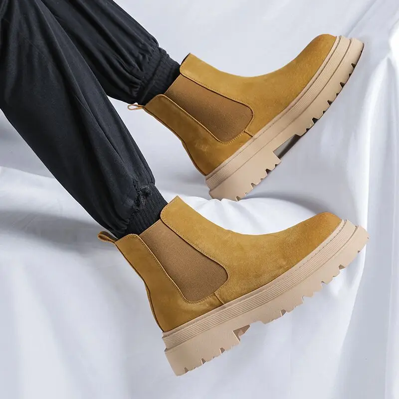 New Vintage British Men Cow Suede Leather Shoes Autumn Winter Height Increasing Shoes Ankle Tooling Boots Chelsea Boots