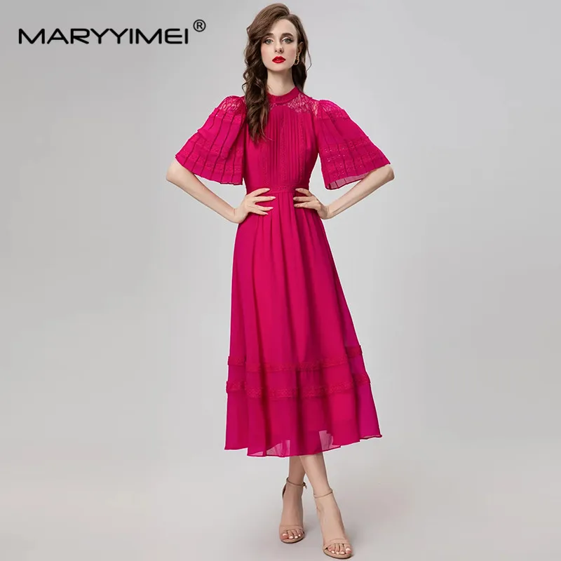 MARYYIMEI New Fashion Runway Designer Dress Women's Stand Collar Short Sleeved Lace Hollow Out Vintage Solid Color Dress