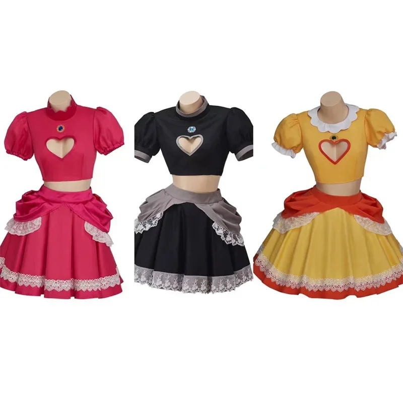 

Peach Daisy Bowsette Princess Sister Dress Cosplay Costume Pink Yellow Tops Skirts Set Halloween Carnival Fancy Clothes