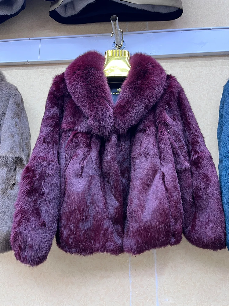 100% Genuine Whole Skin Real Rabbit Fur Coat With Luxury Natural Fox Fur Collar Jacket Full Pelt Rabbit Fur Overcoat