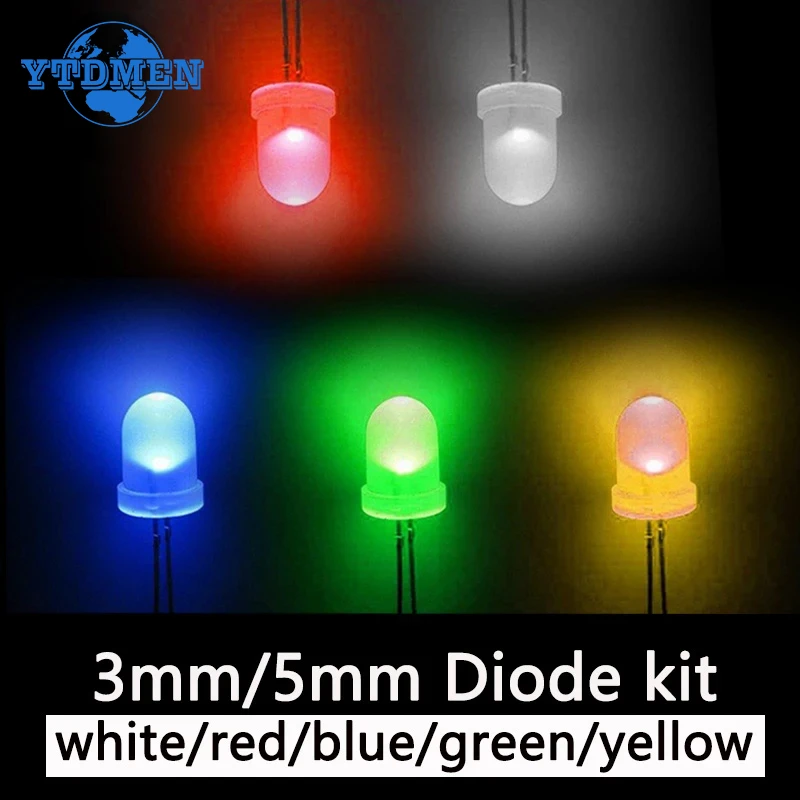 100PCS LED Diode Super Bright 3mm 5mm F3 F5 LED Emitting Assortment Set White Red Green Blue Yellow Orange DIY Electronic Kit